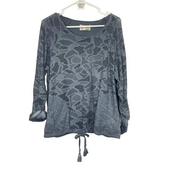 Saturday Sunday Anthropologie Blue Laser Cut Camo Top, Drawstring Waist, Small - Picture 3 of 11